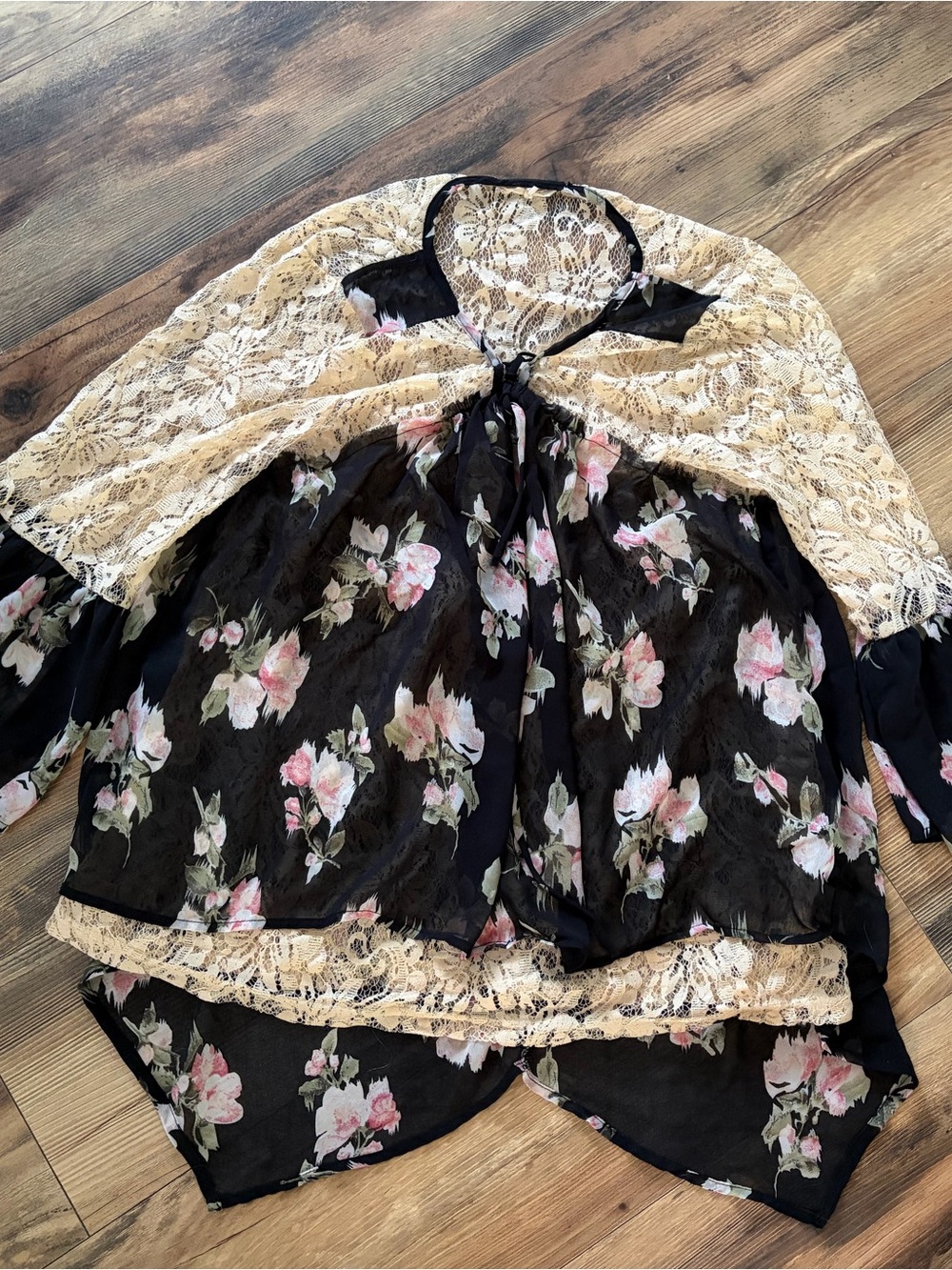 Ryu Black Floral Lace Tie-Neck Blouse with Cream Lace Accents